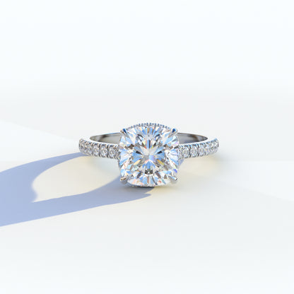 2 carat cushion cut lab-grown diamond, E VVS hidden halo ring, pave diamond engagement ring, lab-grown diamond engagement ring, ethical diamond ring