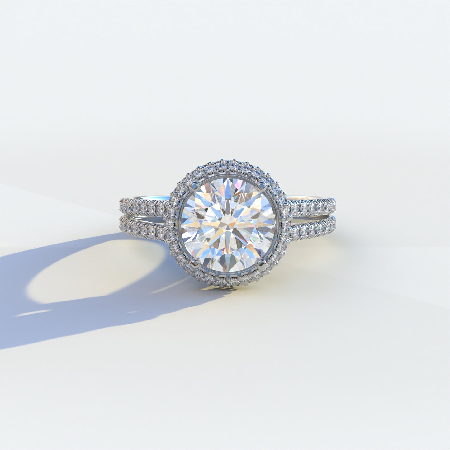 E VVS 1.5 carat round cut halo pave lab diamond ring, Élégance Collection, sustainable elegant jewelry, engagement ring, high-quality diamond ring, lab-grown diamond ring