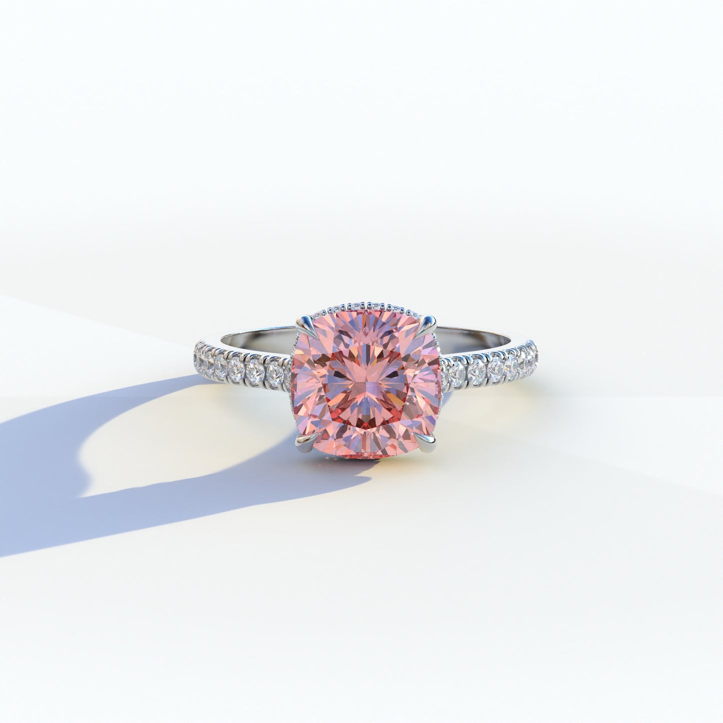 2 carat pink cushion cut lab-grown diamond, pink hidden halo ring, pave diamond engagement ring, lab-grown diamond engagement ring, ethical pink diamond ring