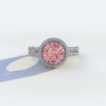 1.5 carat pink round cut halo pave lab diamond ring, Élégance Collection, sustainable elegant jewelry, engagement ring, high-quality diamond ring, lab-grown diamond ring