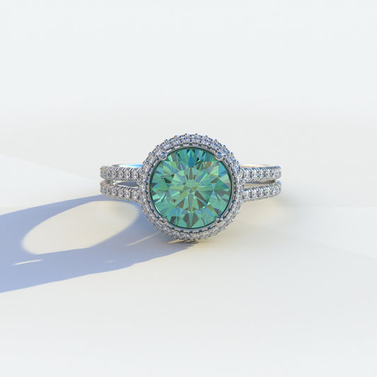 1.5 carat green round cut halo pave lab diamond ring, Élégance Collection, sustainable elegant jewelry, engagement ring, high-quality diamond ring, lab-grown diamond ring