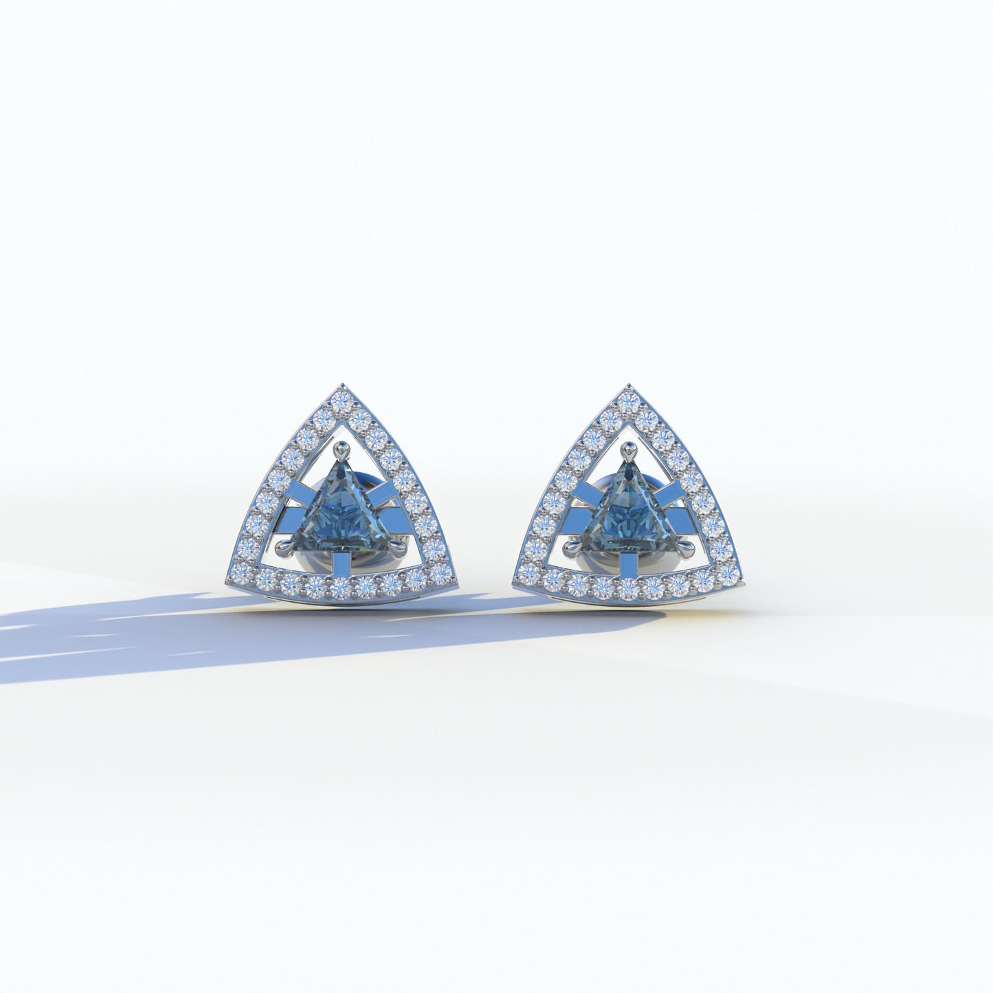 Blue Color Triangle Cut Lab Diamond Halo Stud Earrings - Trinity