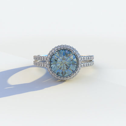 1.5 carat blue round cut halo pave lab diamond ring, elegant jewelry, engagement ring, high-quality diamond ring, lab-grown diamond ring