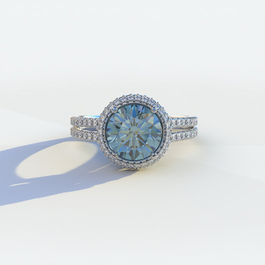 1.5 carat blue round cut halo pave lab diamond ring, elegant jewelry, engagement ring, high-quality diamond ring, lab-grown diamond ring