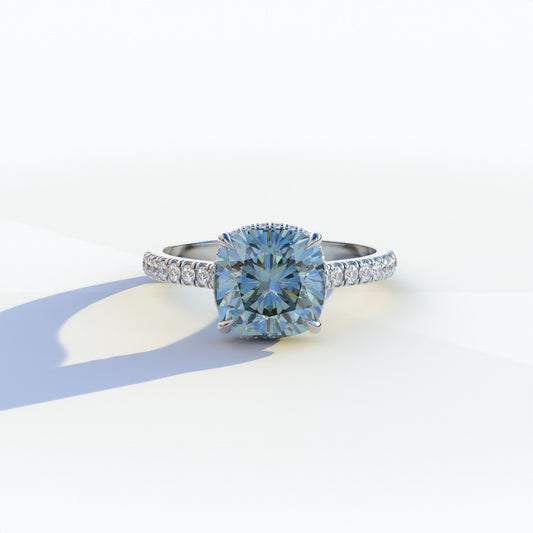 2 carat blue cushion cut lab-grown diamond, blue hidden halo ring, pave diamond engagement ring, lab-grown diamond engagement ring, ethical blue diamond ring