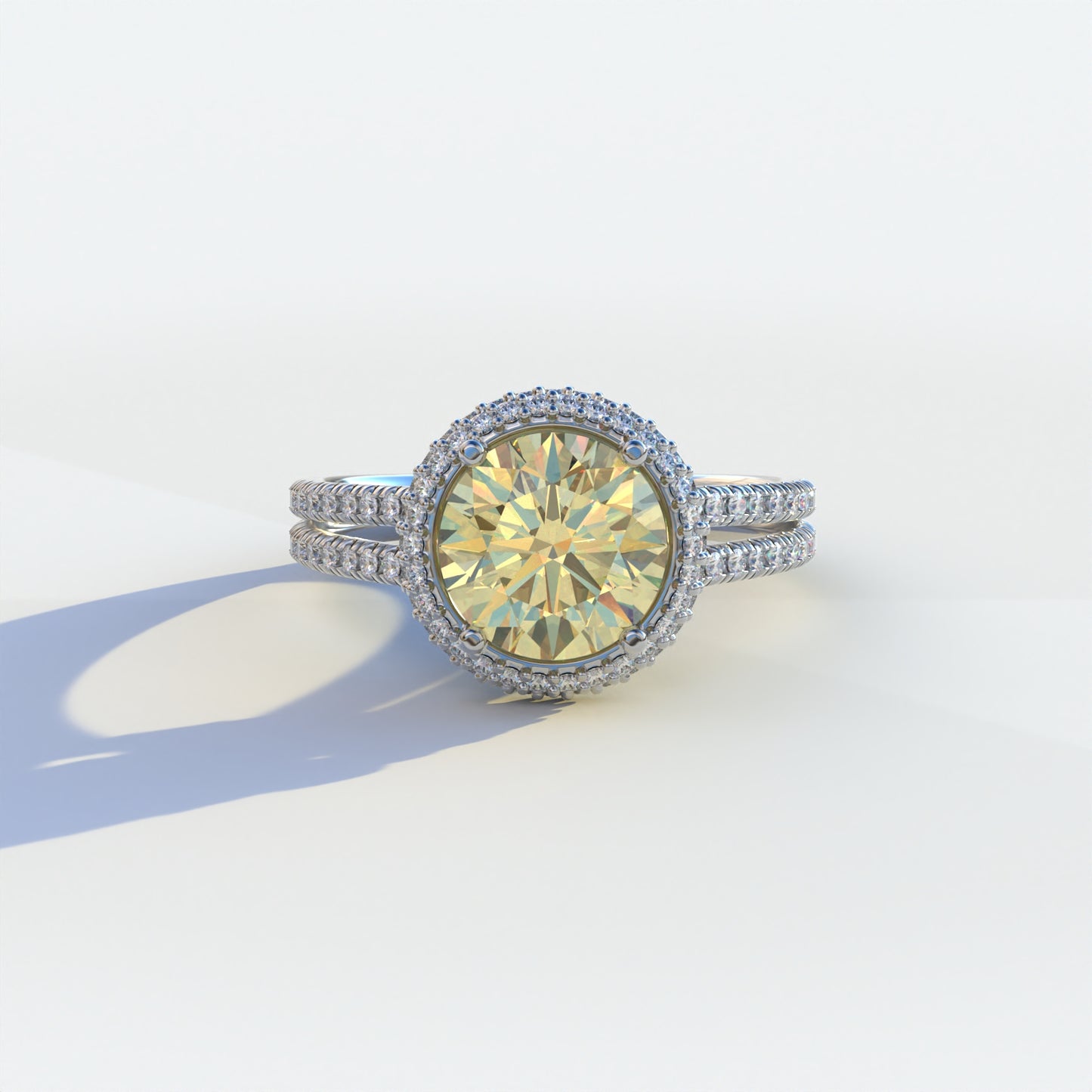 1.5 carat yellow round cut halo pave lab diamond ring, Élégance Collection, sustainable elegant jewelry, engagement ring, high-quality diamond ring, lab-grown diamond ring