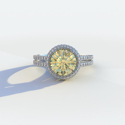 1.5 carat yellow round cut halo pave lab diamond ring, Élégance Collection, sustainable elegant jewelry, engagement ring, high-quality diamond ring, lab-grown diamond ring