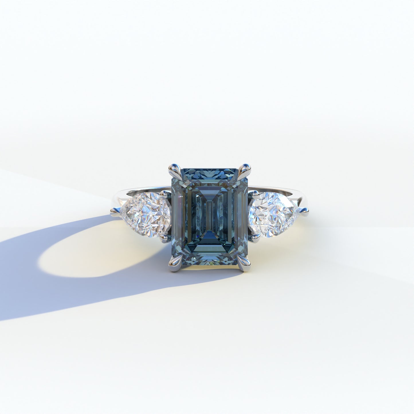 3 Ct Blue Emerald Cut Lab Diamond In 3 Stones Claw Prongs Setting Ring - Luminous