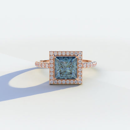 2 Carat Blue Princess Cut Halo & Pave Lab Diamond Ring - Diamond Prime