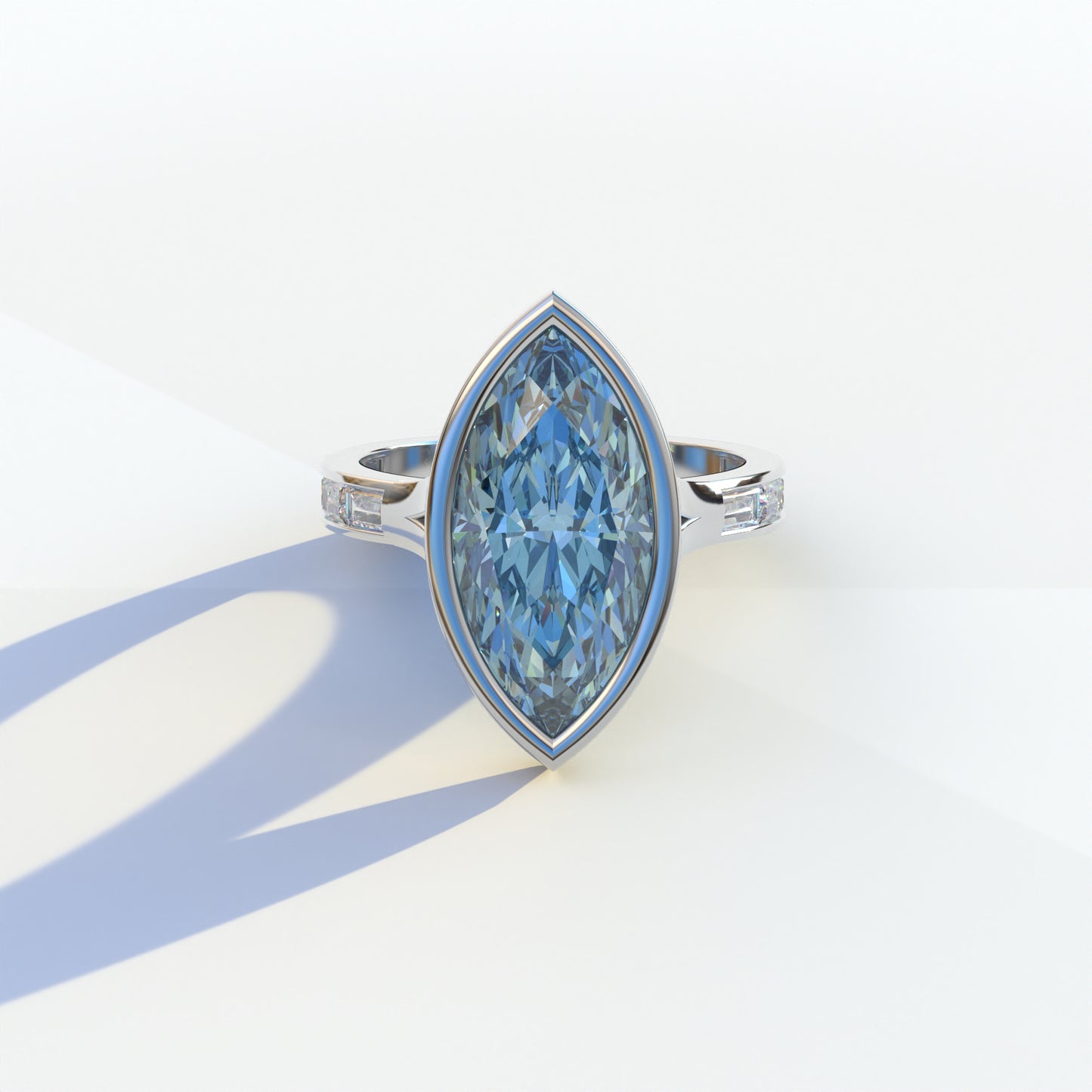 3 Ct Marquis Cut Blue Color Lab Diamond Ring With Bezel Set - Kayla