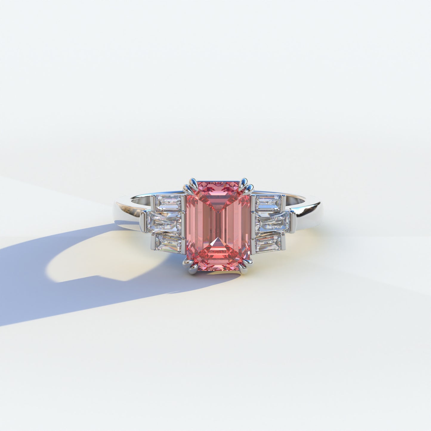 3 Carat Emerald Cut Pink Lab Grown Diamond Ring - Leela