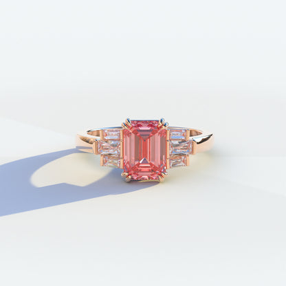 3 Carat Emerald Cut Pink Lab Grown Diamond Ring - Leela