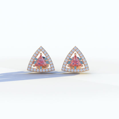 Pink Color Triangle Cut Lab Diamond Halo Stud Earrings - Trinity