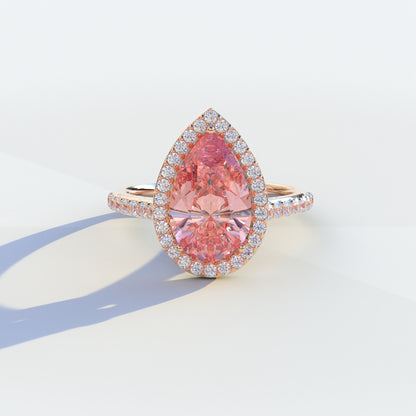 3 Carat Pink Pear Cut Halo & Pave Setting Lab Grown Diamond Ring - Madona