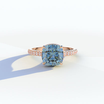 2 Carat Blue Cushion Cut Hidden Halo & Pave Setting Lab Diamond Ring - Éblouissant