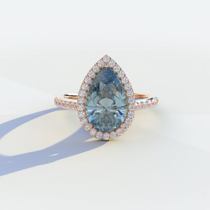 3 Carat Blue Pear Cut Halo & Pave Setting Lab Grown Diamond Ring - Madona