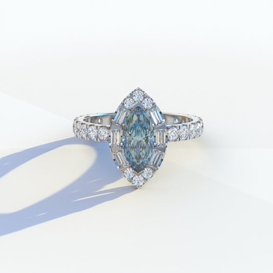 1 Carat Blue Marquise Halo Pave Lab Grown Diamond Ring - Luxe