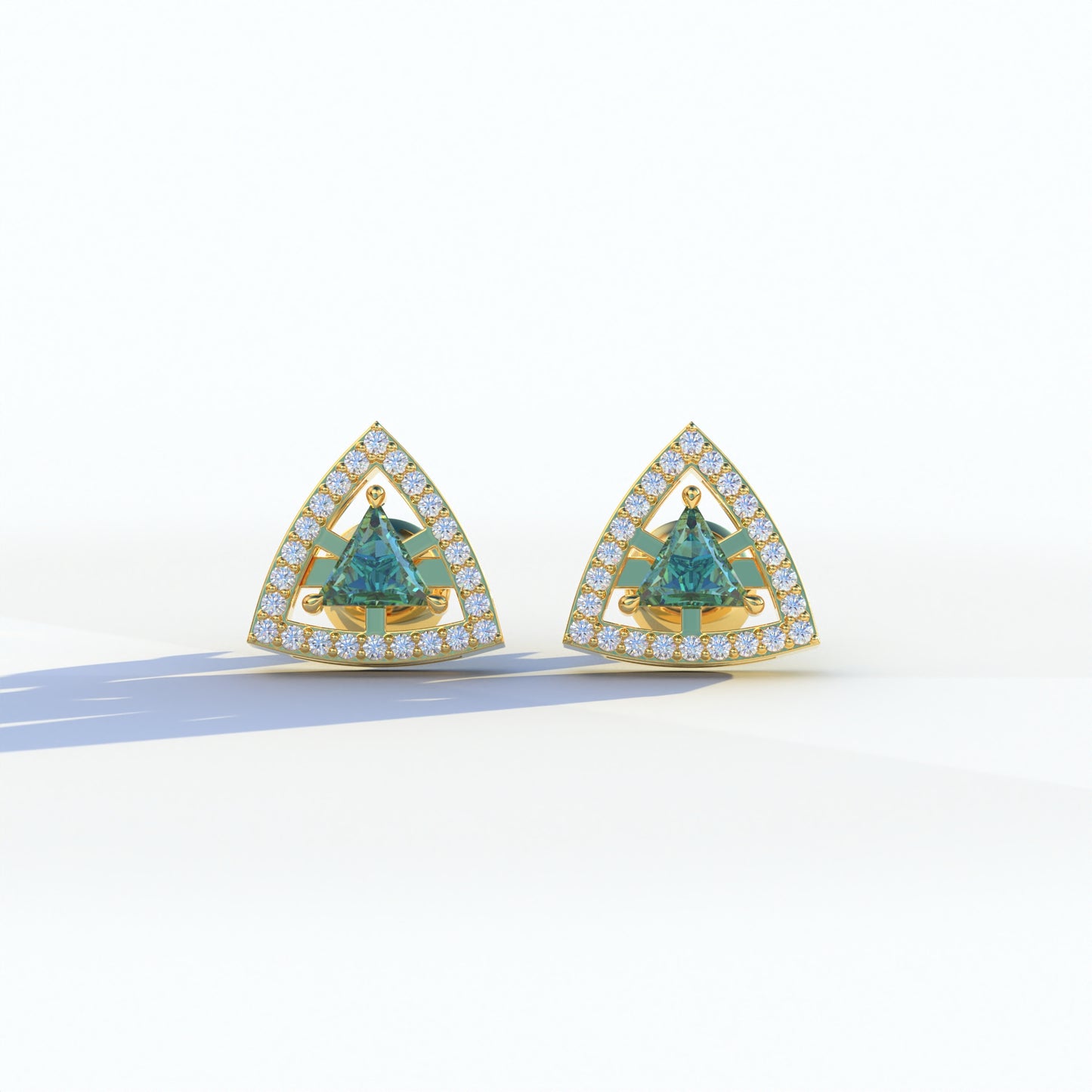 Green Color Triangle Cut Lab Diamond Halo Stud Earrings - Trinity