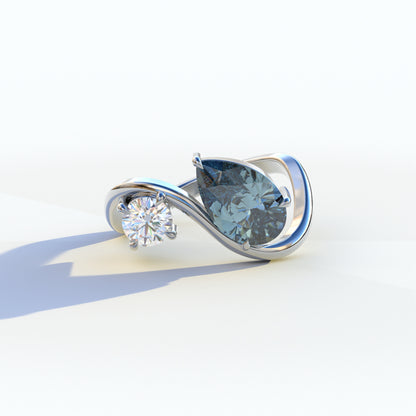 2.8 Carat Blue Pear and Round Cut Lab Diamond Engagement Ring - Toi Et Moi