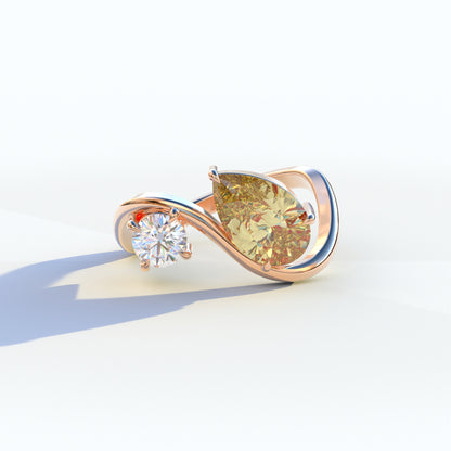 2.8 Carat Yellow Pear and Round Cut Lab Diamond Engagement Ring - Toi Et Moi