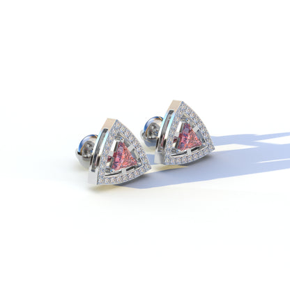 Pink Color Triangle Cut Lab Diamond Halo Stud Earrings - Trinity