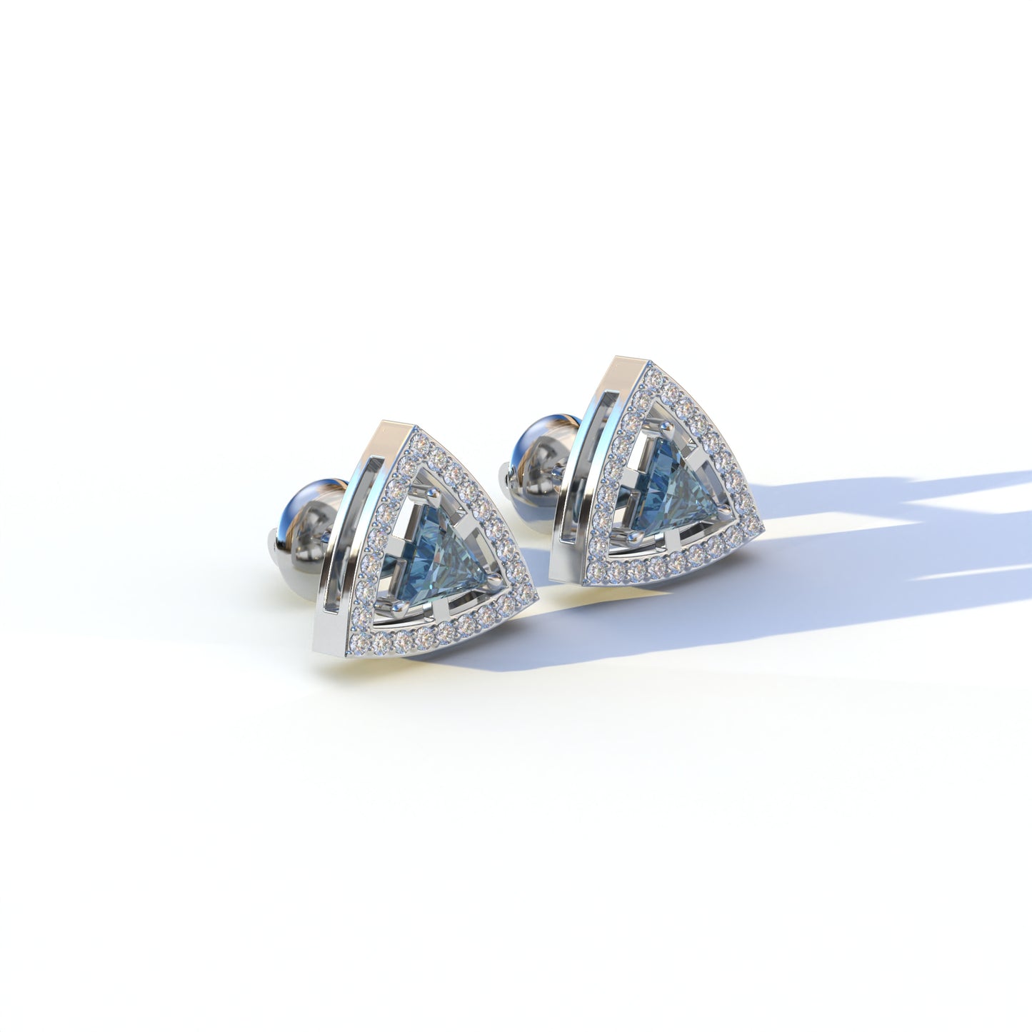 Blue Color Triangle Cut Lab Diamond Halo Stud Earrings - Trinity