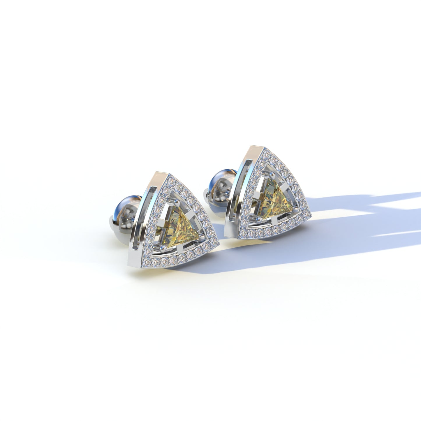 Yellow Color Triangle Cut Lab Diamond Halo Stud Earrings - Trinity