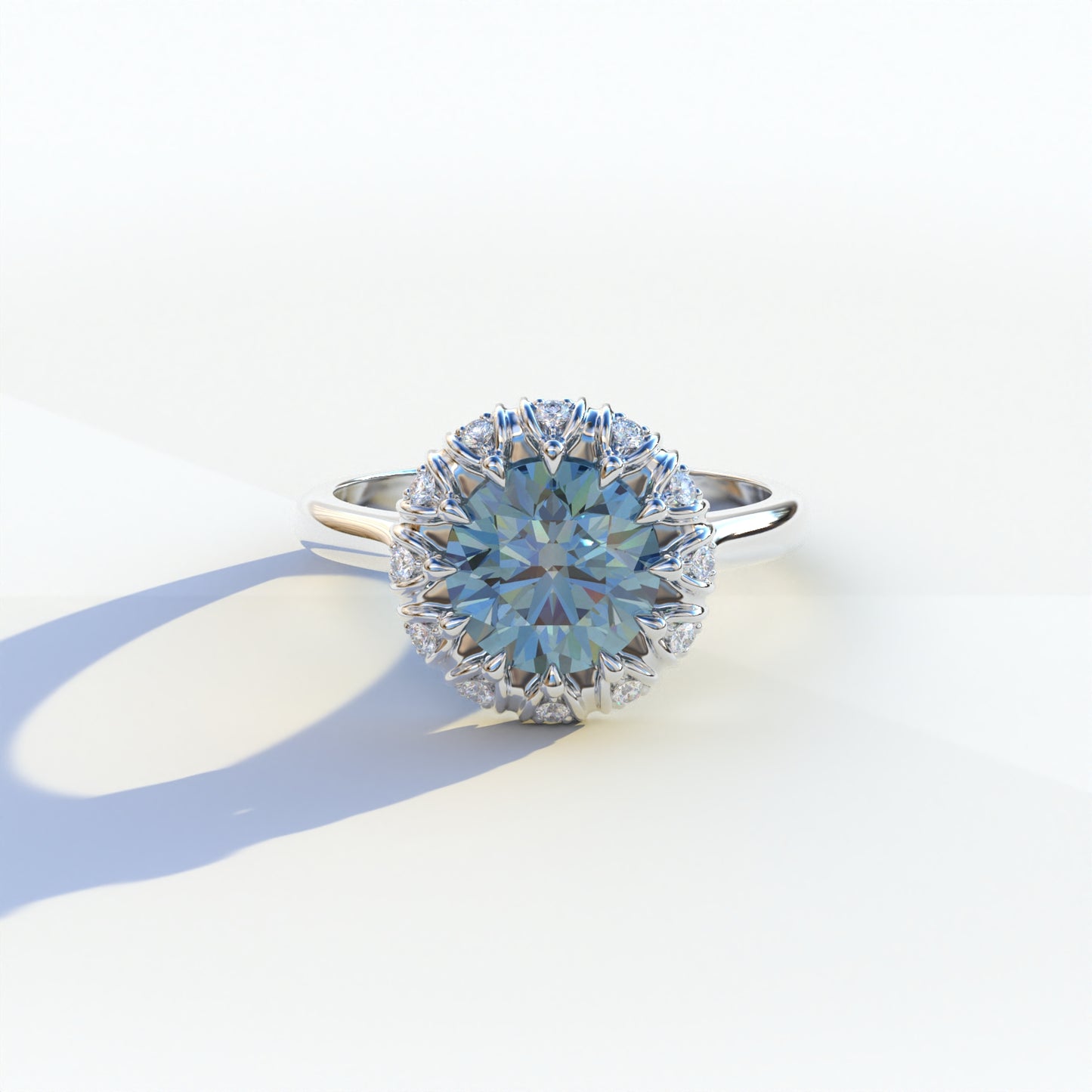 2 carat blue round shaped halo lab diamond ring, Sunflower Collection, sustainable elegant jewelry, engagement ring, high-quality diamond ring, lab-grown diamond ring