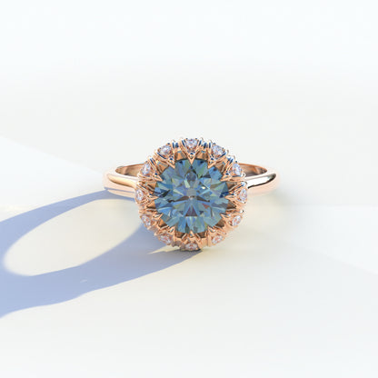 2 Carat Blue Round Shaped Halo Lab Diamond Ring - Sunflower