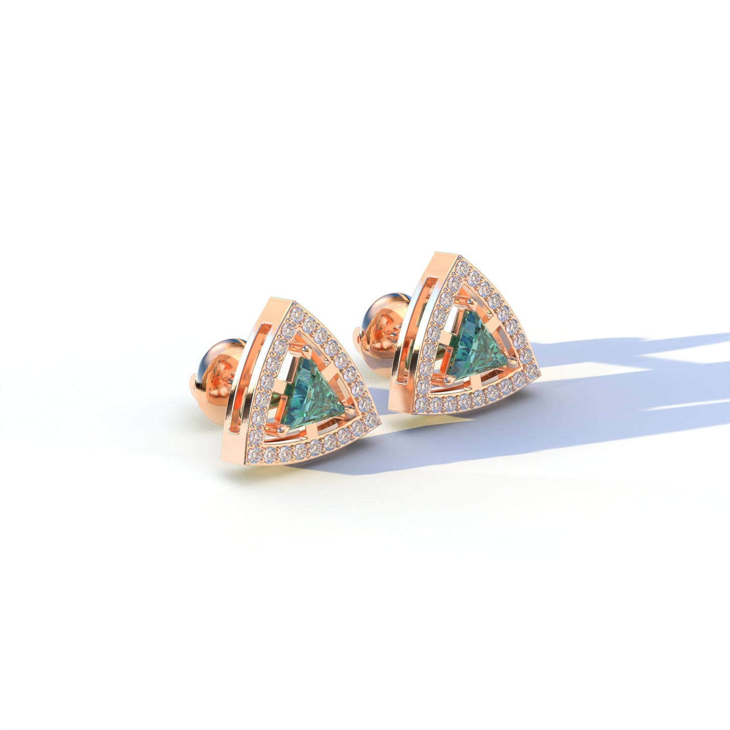 Green Color Triangle Cut Lab Diamond Halo Stud Earrings - Trinity