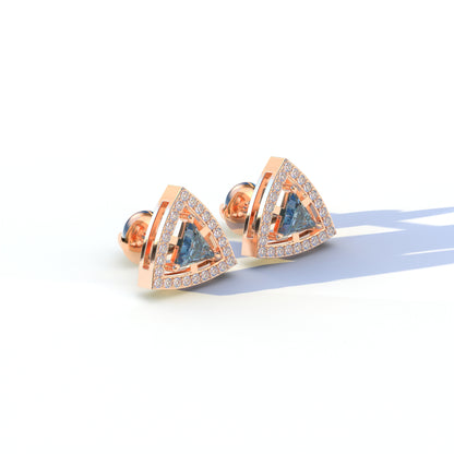 Blue Color Triangle Cut Lab Diamond Halo Stud Earrings - Trinity