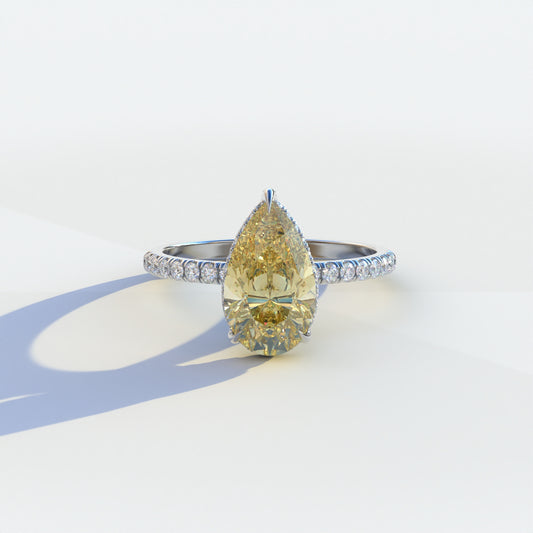 2 carat yellow pear cut hidden halo & pave lab diamond ring, Eliza Collection, sustainable elegant jewelry, engagement ring, yellow diamond ring, lab-grown diamond ring