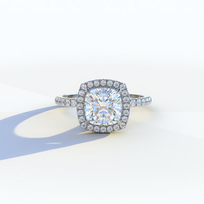 2 carat E VVS cushion cut lab-grown diamond, halo pave engagement ring, lab-grown diamond engagement ring, ethical diamond ring, cushion cut engagement ring