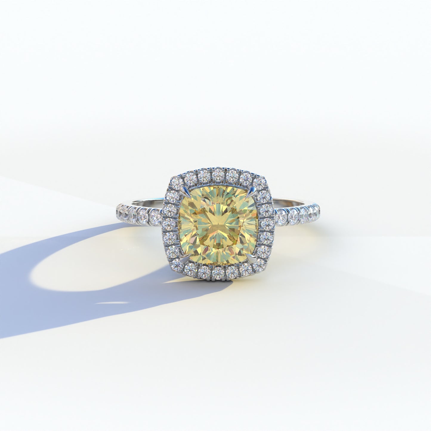 2 carat yellow cushion cut lab-grown diamond, yellow halo pave ring, lab-grown diamond engagement ring, ethical yellow diamond ring, cushion cut engagement ring