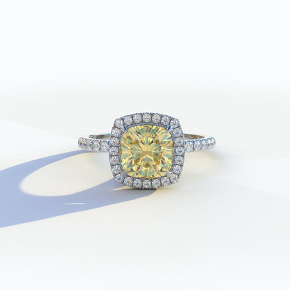 2 carat yellow cushion cut lab-grown diamond, yellow halo pave ring, lab-grown diamond engagement ring, ethical yellow diamond ring, cushion cut engagement ring