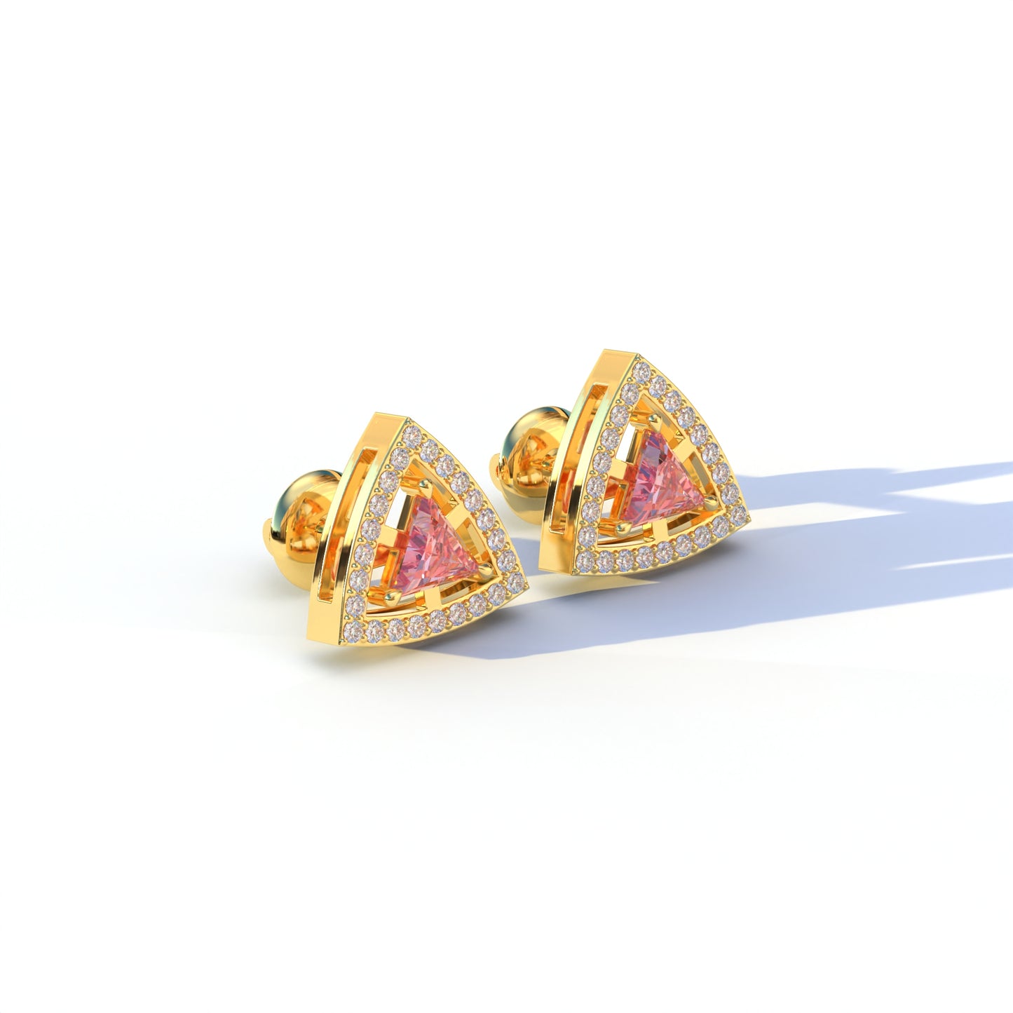 Pink Color Triangle Cut Lab Diamond Halo Stud Earrings - Trinity