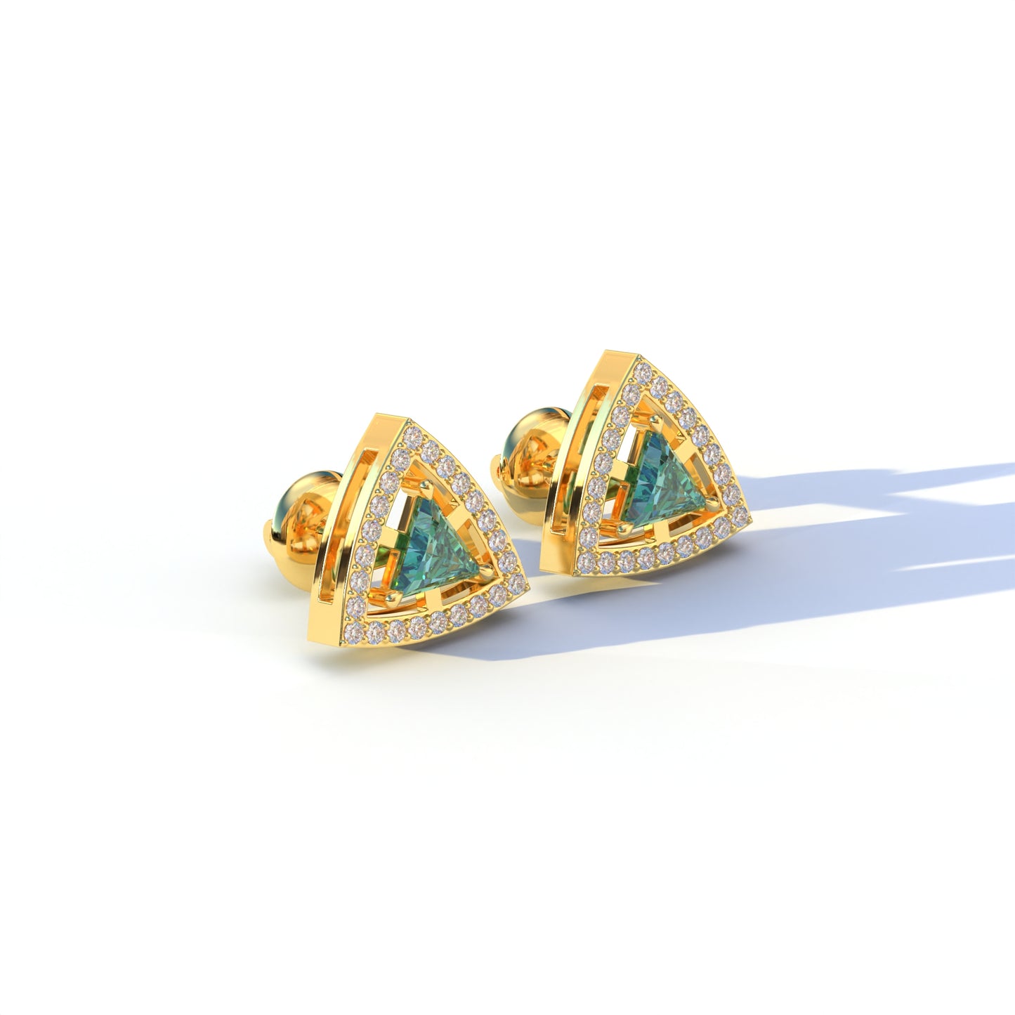 Green Color Triangle Cut Lab Diamond Halo Stud Earrings - Trinity