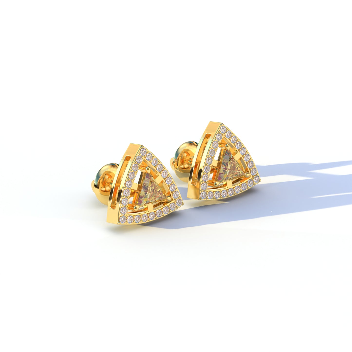 Yellow Color Triangle Cut Lab Diamond Halo Stud Earrings - Trinity