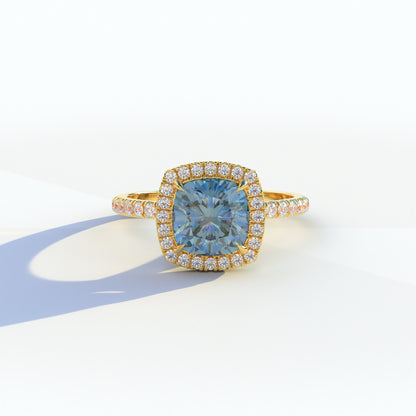 2 Carat Blue Cushion Cut Lab Grown Diamond Ring Halo & Pave Setting - Rosa