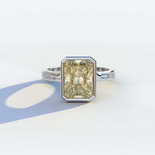 3 Ct Radiant Cut Yellow Color Lab Diamond Ring With Bezel Set