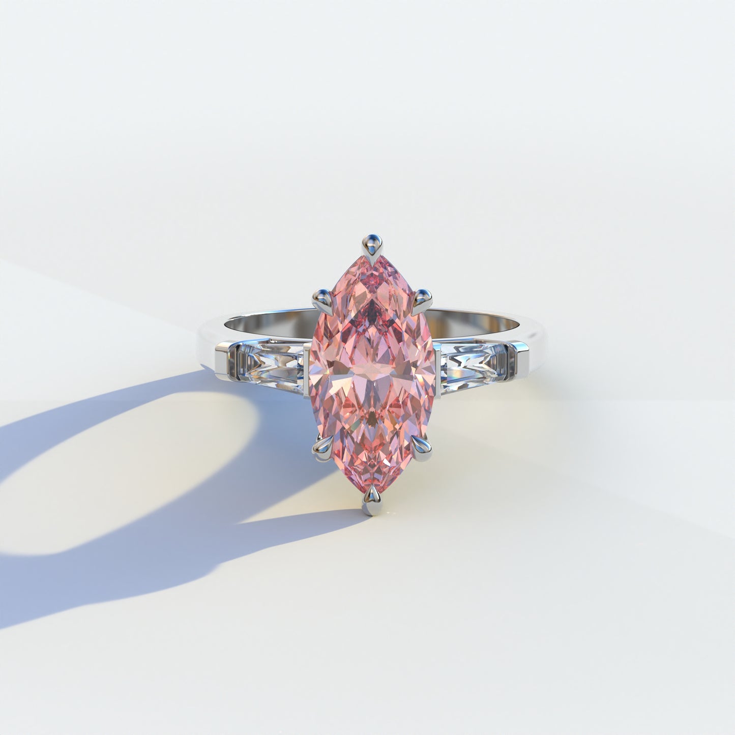 2 carat pink marquise cut lab-grown diamond, pink multi-stone diamond ring, lab-grown diamond engagement ring, ethical pink diamond ring, marquise cut engagement ring