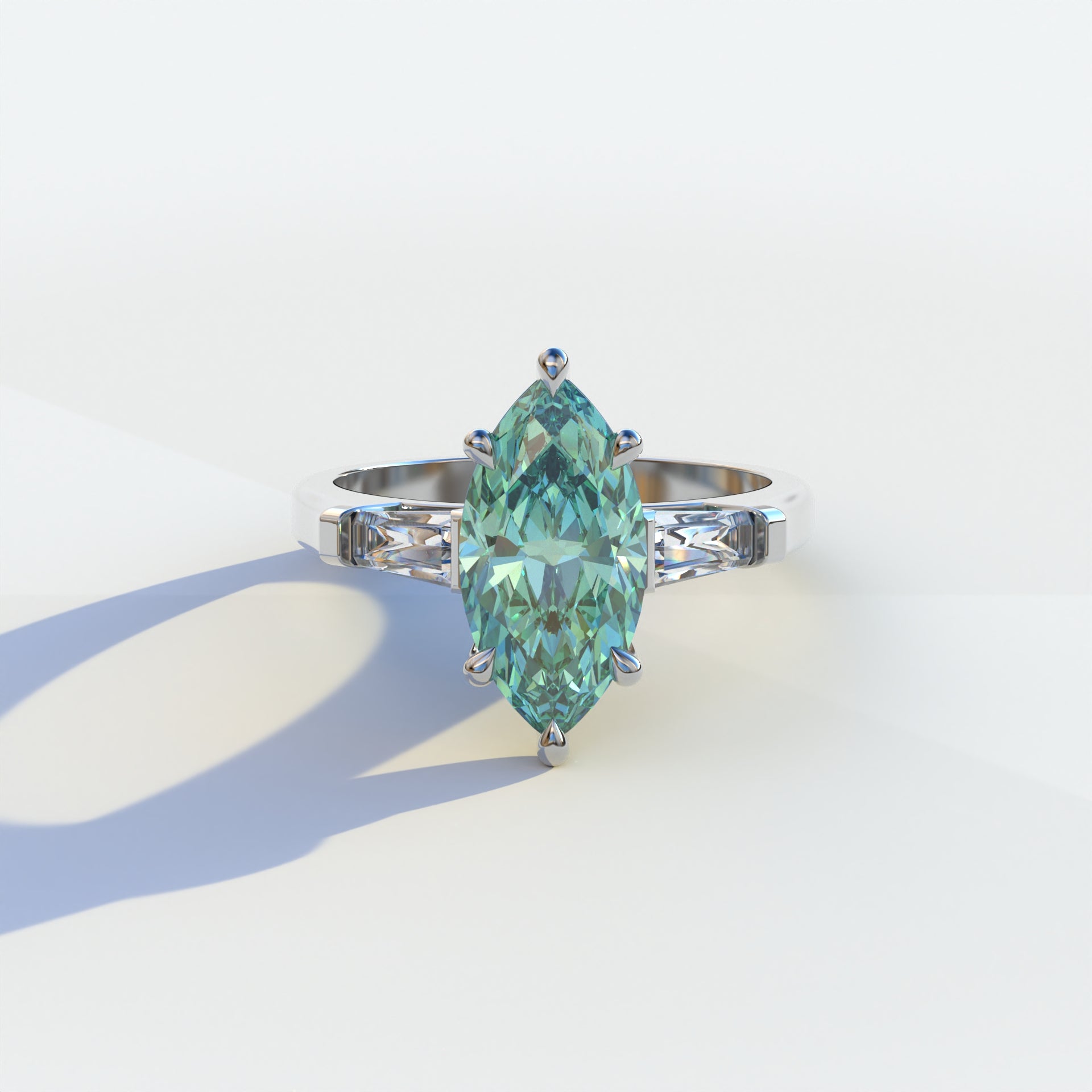 2 carat green marquise cut lab-grown diamond, green multi-stone ring, lab-grown diamond engagement ring, ethical green diamond ring, marquise cut engagement ring