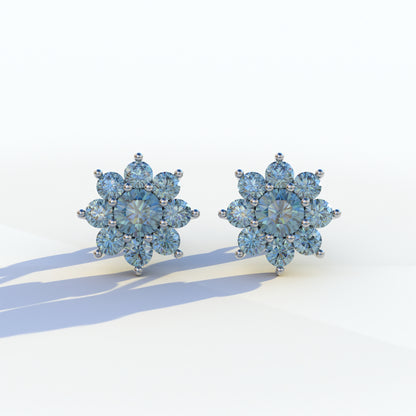 Persee - Round Blue Diamond Stud Earrings| Piercing Flower Setting