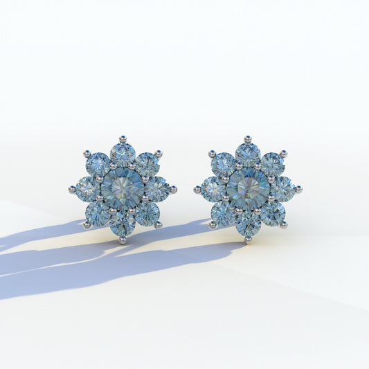 Persee - Round Blue Diamond Stud Earrings| Piercing Flower Setting