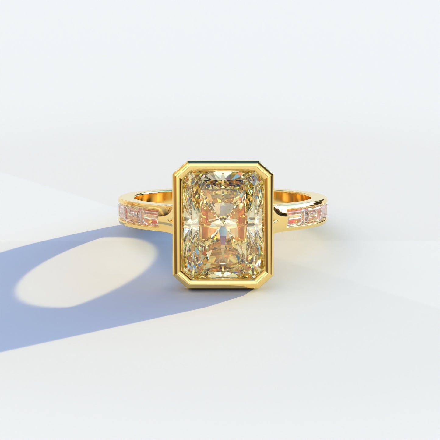 3 Ct Radiant Cut Yellow Color Lab Diamond Ring With Bezel Set