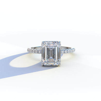 3 Ct E/VVS Emerald Cut Lab Diamond In Hidden Halo & Pave Setting Ring - Austin