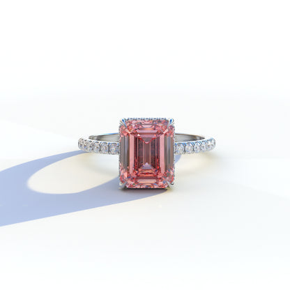 3 Ct Pink Emerald Cut Lab Diamond In Hidden Halo & Pave Setting Ring - Austin