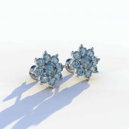 Persee - Round Blue Diamond Stud Earrings| Piercing Flower Setting