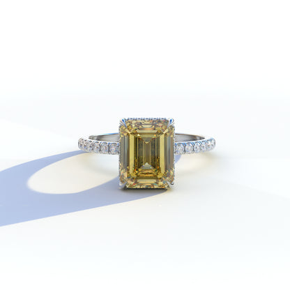 3 Ct Yellow Emerald Cut Lab Diamond Hidden Halo & Pave Setting Ring - Austin