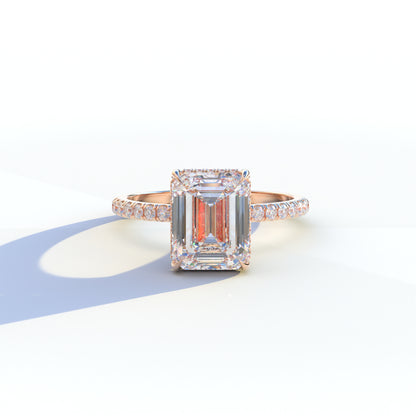 3 Ct E/VVS Emerald Cut Lab Diamond In Hidden Halo & Pave Setting Ring - Austin